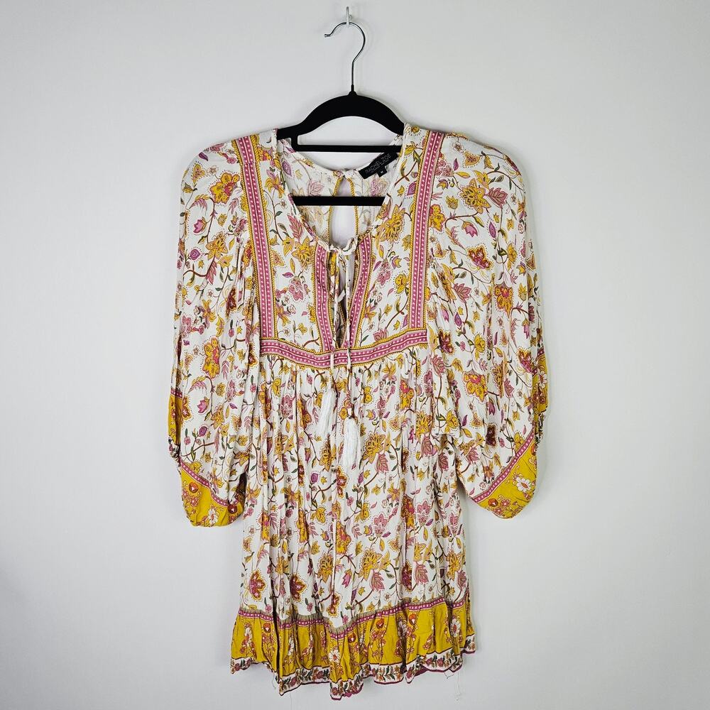 Rachel Zoe Boho Floral Peasant Blouse Size Medium White Pink Yellow Tunic Loose